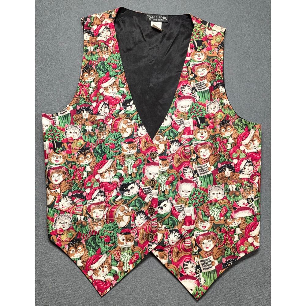 Vintage Christmas Cat Design Vest Size Large Choir Band Carolers Ugly Grandma